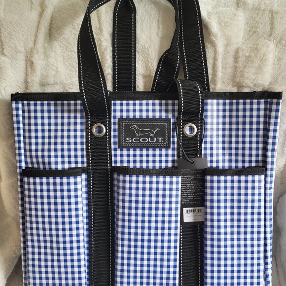 SCOUT Pocket Tote Bag with 7 Pockets and Double Handles, Navy Checkham, NWT - Picture 1 of 5